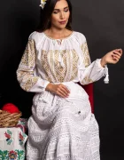 Traditional Ie dama alba din bumbac Celeste brodata cu fir auriu