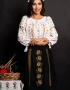 Traditional Ie dama alba din bumbac Maricica cu broderie aurie si simbolul stelei