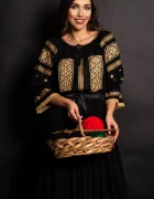 Traditional Ie dama din bumbac Sorina neagra cu broderie aurie