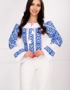 Traditional Ie dama Greta cu broderie in romburi albastru royal