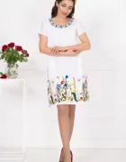 Traditional Rochie a alba din in brodata cu flori multicolore