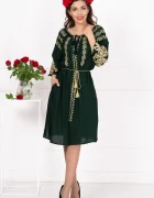 Traditional Rochie a din vascoza verde Ecaterina cu broderie bej