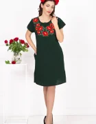 Traditional Rochie a verde din in cu bujori brodati