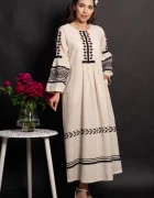 Traditional Rochie midi din in Amora cu maneci clopot si broderie
