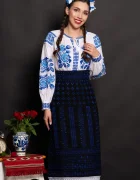 Traditional Set catrinta si brau cu broderie albastra si simbolul rombului