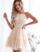 A&M Rochie baby doll scurta din tul bej cu volane vaporoasa CristalW