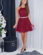 A&M Rochie baby doll scurta din tulle burgundy cu umerii goi vaporoasa CristalW