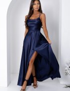 A&M Rochie de ocazie lunga din satin bleumarin navy cu bust tip corset ValeriaW3