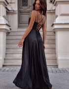 A&M Rochie de seara lunga glitter neagra cu bust tip corset ValeriaLux