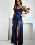 A&M Rochie eleganta lunga din satin bleumarin navy cu corset Karenina