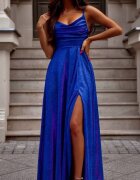 A&M Rochie lunga eleganta din brocard albastra cu reflexii amaranth cu umerii goi si bust tip corset ValeriaLux