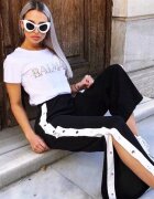 ADROM Pantaloni dama trening sport negri cu dunga alba si capse Assur