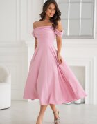 Bicotone Rochie baby doll midi roz prafuit cu umerii goi evazata Anelisa