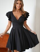Bicotone Rochie baby doll neagra din vascoza in clos cu volane la maneca Everly