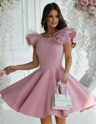 Bicotone Rochie baby doll scurta roz prafuit din vascoza cu volan la maneca Samuela