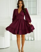 Bicotone Rochie babydoll scurta burgundy cu volane suprapuse si maneca lunga Rouelle
