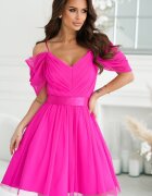 Bicotone Rochie babydoll scurta roz fucsia din tulle cu umeri goi Cayenne