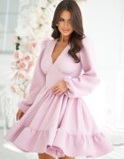 Bicotone Rochie babydoll scurta roz pal cu volane suprapuse si maneca lunga Rouelle