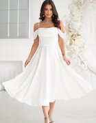 Bicotone Rochie cununie civila baby doll midi alba cu umerii goi evazata Anelisa