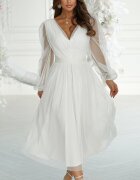 Bicotone Rochie cununie civila midi din tul cu glitter alba evazata cu maneca lunga Petra