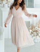 Bicotone Rochie cununie civila midi din tul cu glitter bej evazata cu maneca lunga Petra