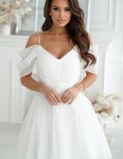 Bicotone Rochie cununie civila scurta din tulle alba cu umeri goi Cayenne