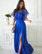 Bicotone Rochie eleganta lunga albastra cu paiete pe bust vaporoasa Azaliya