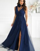 Bicotone Rochie eleganta lunga bleumarin vaporoasa din tulle cu floare decorativa Dyandra