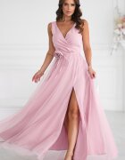 Bicotone Rochie eleganta lunga roz prafuit din tulle cu floare decorativa vaporoasa Dyandra
