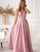 Bicotone Rochie eleganta lunga roz pudra cu bust tip corset vaporoasa Jasmine