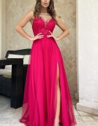 Bicotone Rochie eleganta lunga roz zmeura din tulle si dantela vaporoasa Isadora