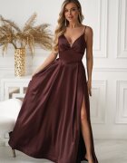 Bicotone Rochie eleganta lunga satin maro ciocolatiu cu bust tip corset vaporoasa Saphira