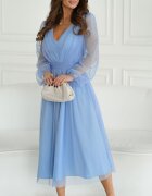 Bicotone Rochie eleganta midi din tul cu glitter bleu evazata cu maneca lunga Petra