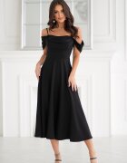 Bicotone Rochie eleganta midi neagra baby doll cu umerii goi evazata Anelisa