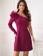 Bicotone Rochie eleganta scurta burgundy cu maneca lunga umar gol si trandafir decorativ Hyami