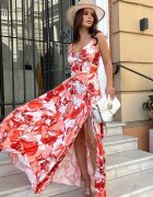 Bicotone Rochie lunga din satin orange cu flori Amanda