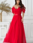 Bicotone Rochie lunga eleganta rosie din tulle vaporoasa cu umerii goi FloraY