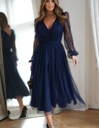 Bicotone Rochie midi eleganta din tul cu glitter bleumarin evazata cu maneca lunga Petra