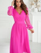 Bicotone Rochie midi eleganta din tul cu glitter roz neon cu maneca lunga Petra