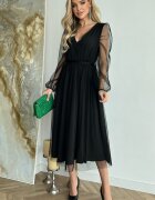 Bicotone Rochie midi eleganta neagra din tul cu glitter evazata cu maneca lunga Petra