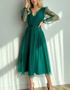 Bicotone Rochie midi eleganta verde din tul cu glitter cu maneca lunga Petra