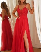 Bicotone Rochie rosie lunga din tulle si dantela vaporoasa Isadora