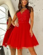 Bicotone Rochie rosie scurta baby doll din tul dantela Ecaterina