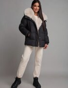  Geaca dama de iarna parka neagra scurta cu blanita eco bej si gluga Sydney