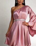 JojoFashion Rochie baby doll din satin roz cu maneca lunga Melike