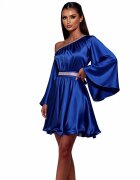 JojoFashion Rochie bay doll albastra din satin cu maneca lunga Melike