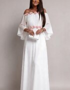 JojoFashion Rochie cununie civila alba lunga din voal cu flori roz vaporoasa AngelD