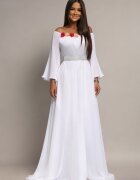 JojoFashion Rochie cununie civila lunga din voalalba cu maneca lunga si umerii goi FairyTale