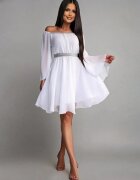 JojoFashion Rochie cununie civila scurta din voal alba cu maneca lunga vaporoasa Alexia