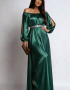 JojoFashion Rochie de ocazie din satin verde vaporoasa cu maneca lunga Larisa